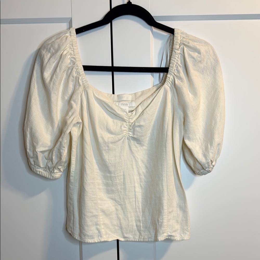 H&M Cream Blouse with Puff Sleeves and Tie Front